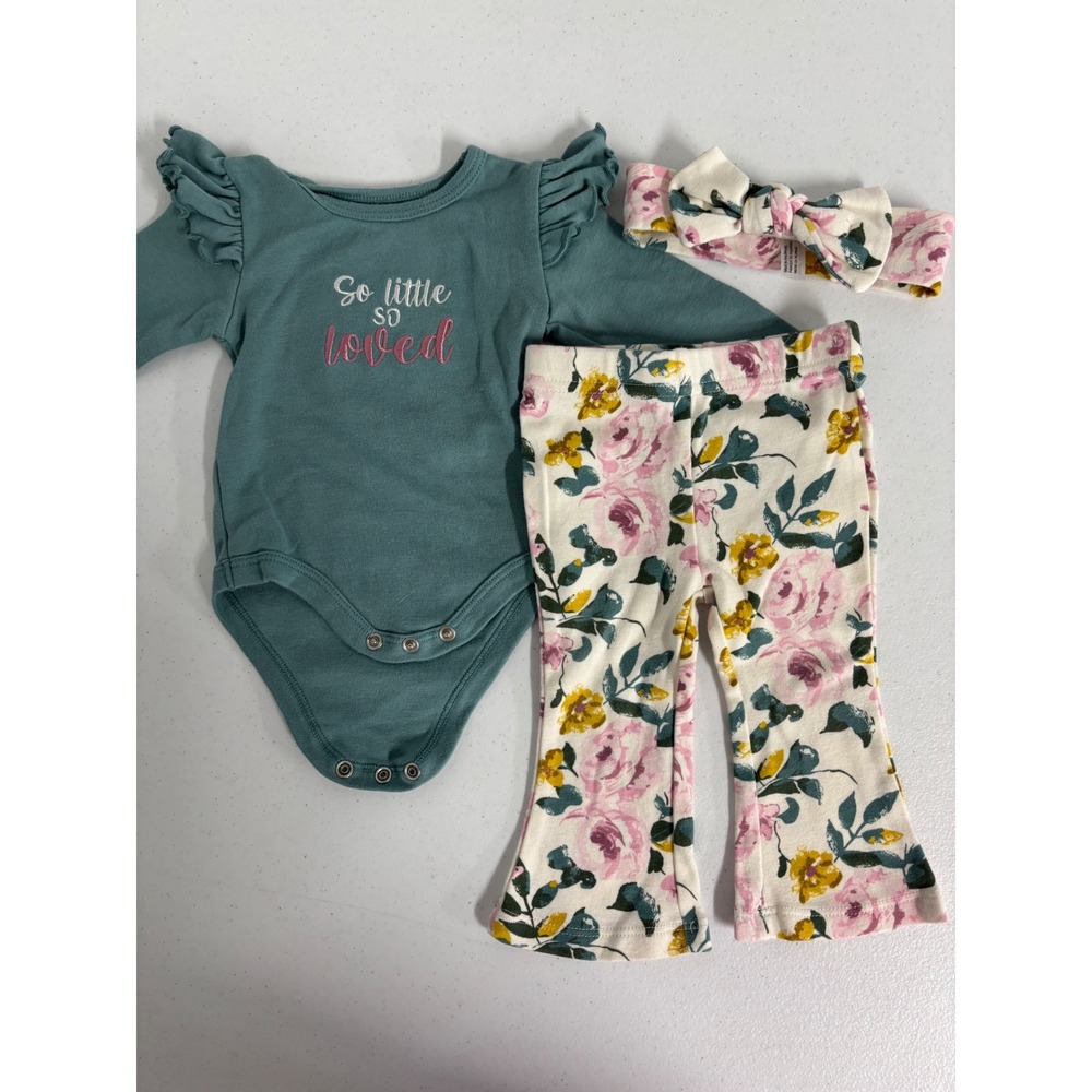 Baby Essentials 6M Floral Flare Pants Bodysuit Headband 3pc Set Teal Pink